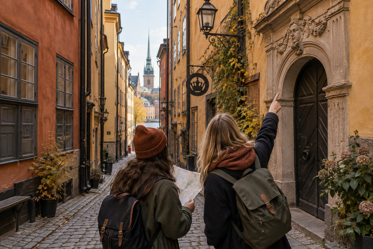 Två personer följer en karta genom en gränd i Gamla stan