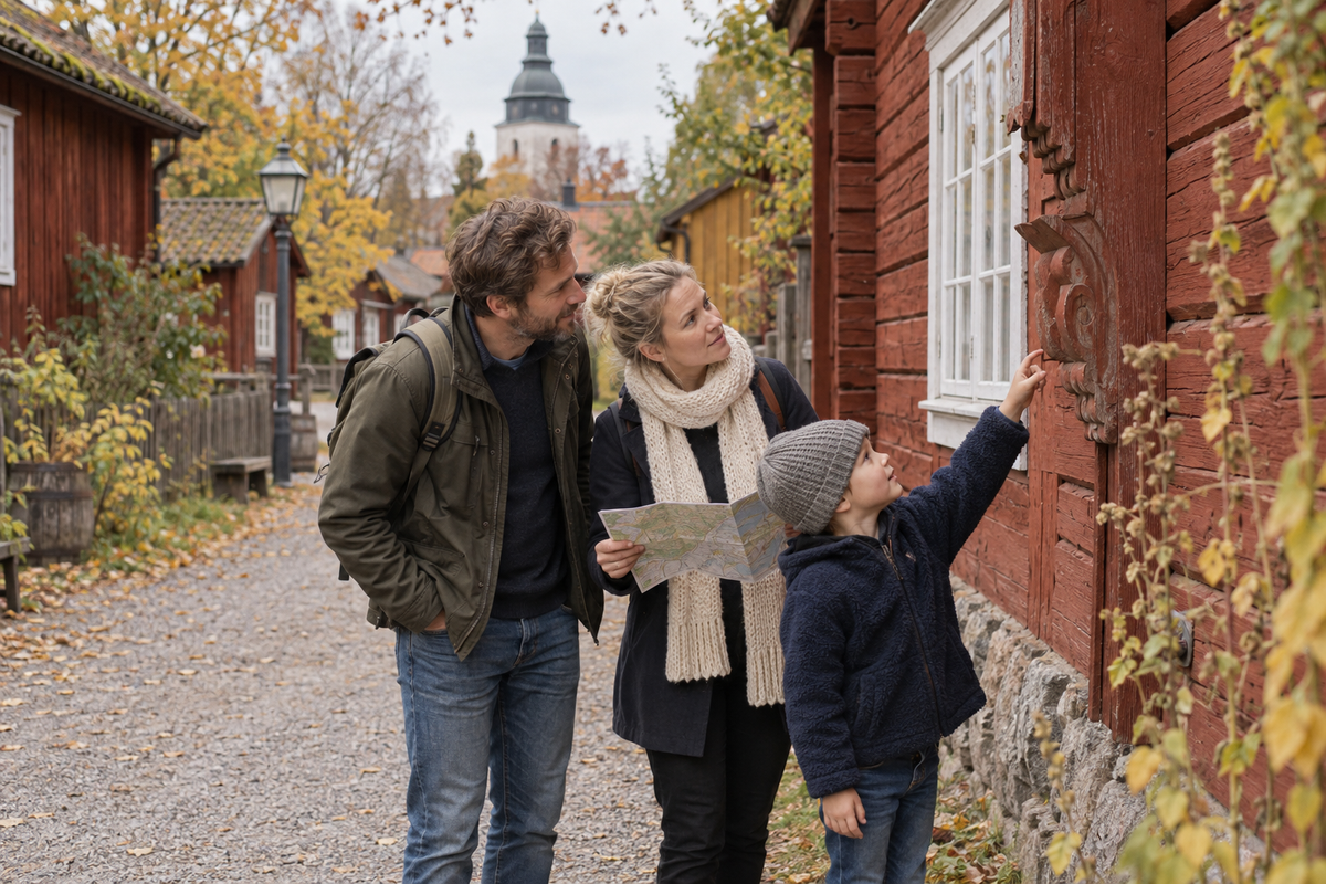 En familj utforskar de historiska trähusen i Wadköping