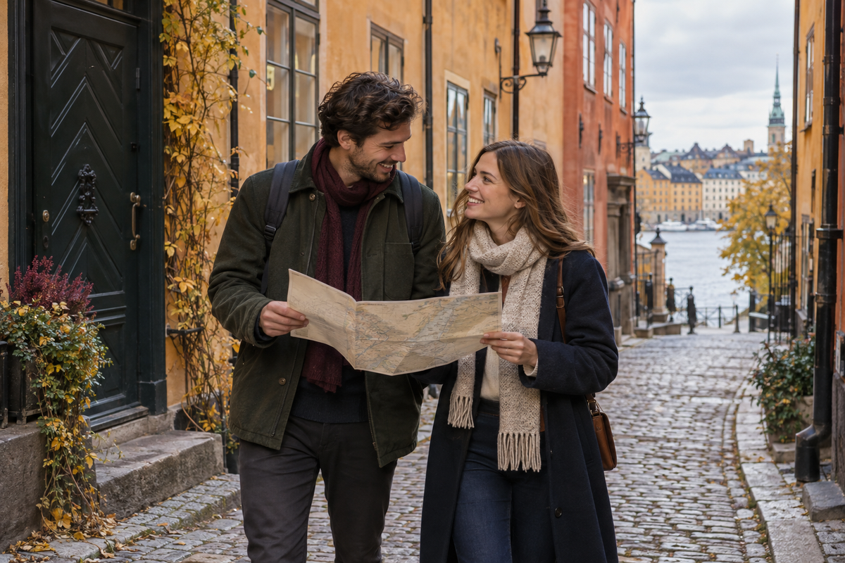 Ett par löser en ledtråd med karta i en gränd i Gamla stan