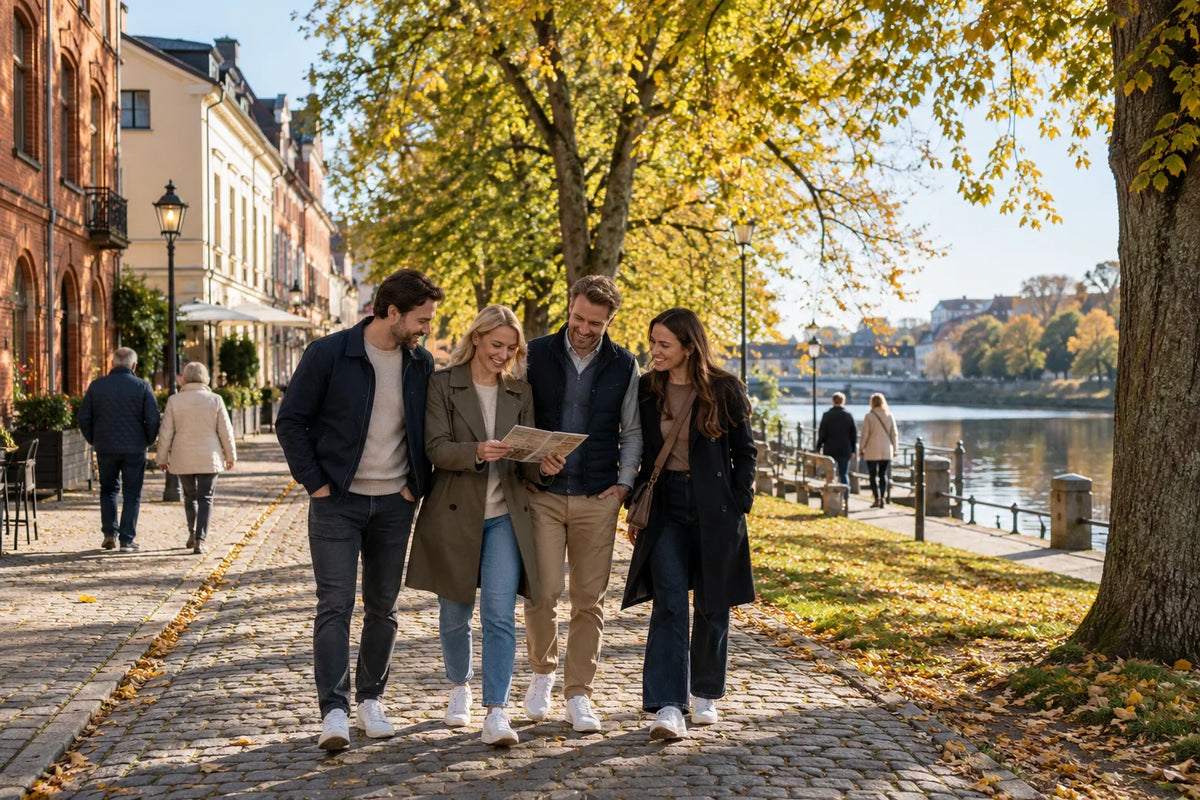 Fyra vänner läser en karta på en trädkantad promenad vid vatten och äldre fasader.