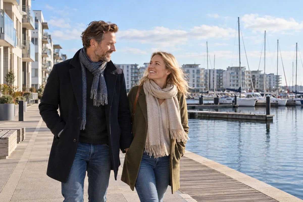 Ett par går längs kajen vid en stadsmarina med segelbåtar och ljusa hus.