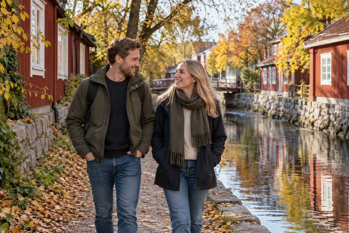 Ett par promenerar vid ett smalt vattendrag med röda trähus och höstträd längs stranden.