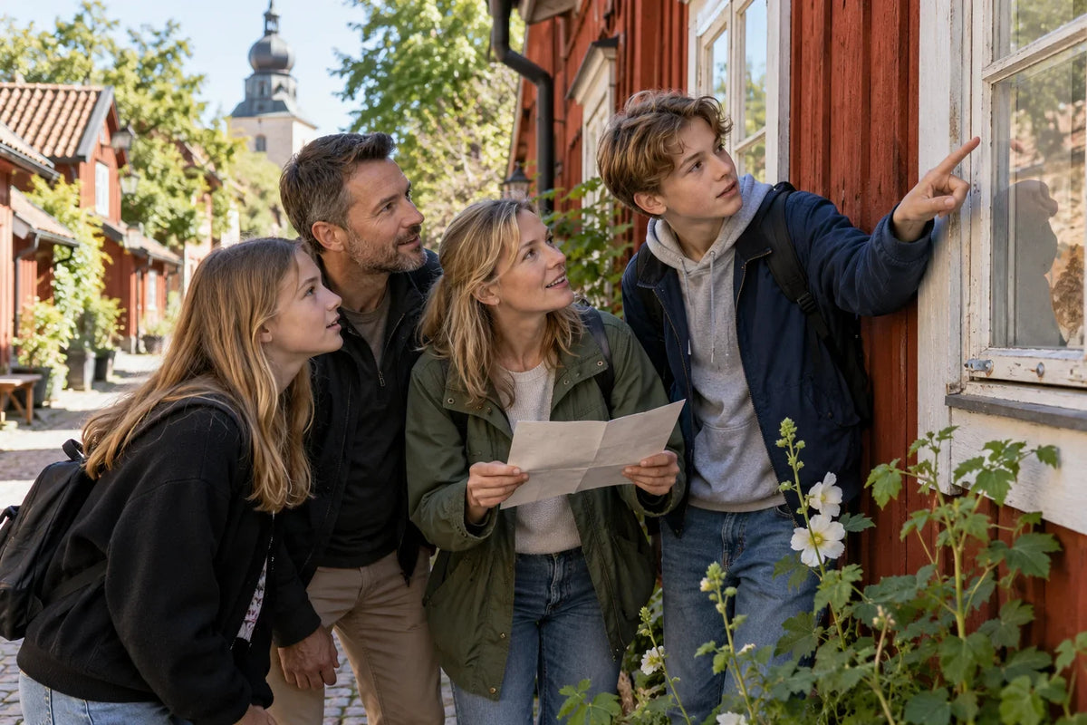 En familj med två tonåringar granskar ett papper och upptäcker detaljer vid ett rött trähus.