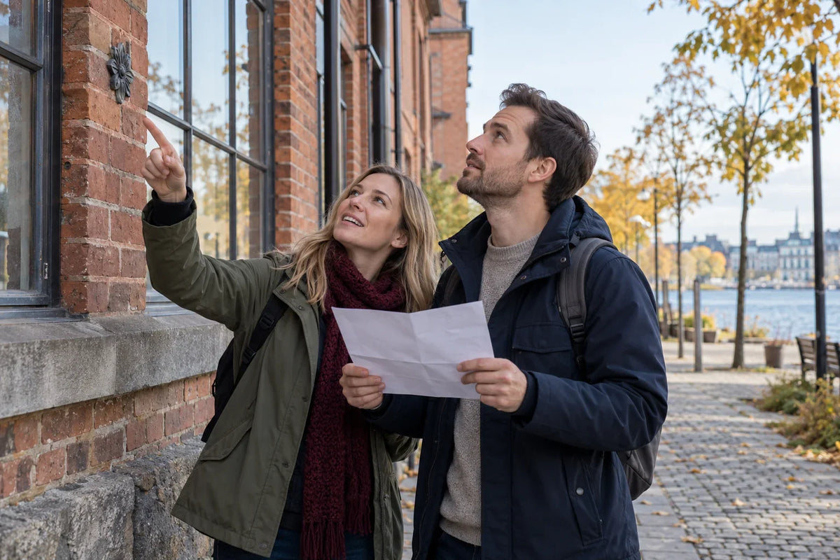 Två personer undersöker en detalj på en tegelfasad och håller ett papper, med sjö och höstträd bakom sig.