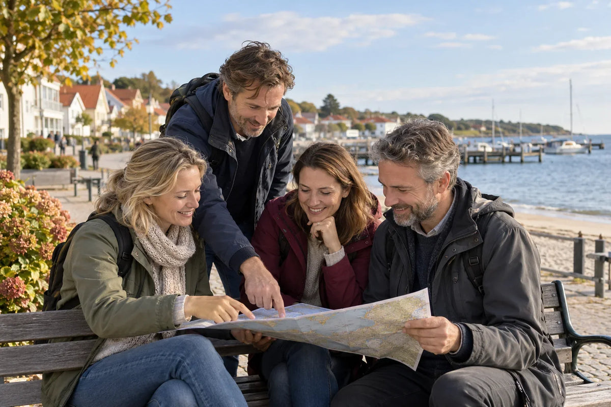 Fyra personer samlas kring en papperskarta på en bänk vid en småbåtshamn och sandstrand.