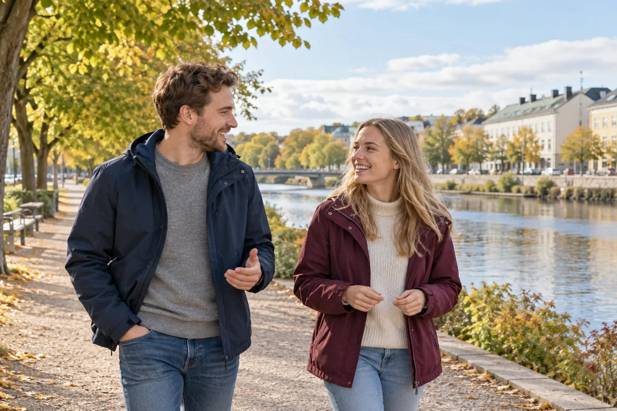 Två personer samtalar under en promenad längs ett trädkantat åstråk med höstlöv på marken.