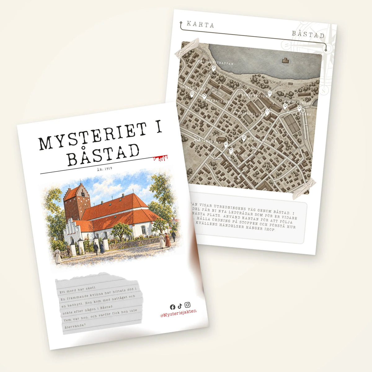 Spelhäfte med en kyrka på omslaget och en stadskarta till Mysteriet i Båstad.