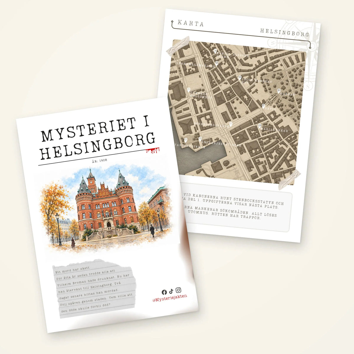 Spelhäfte med en röd tegelbyggnad på omslaget och en stadskarta till Mysteriet i Helsingborg.