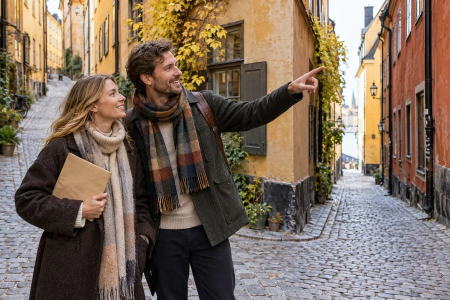 Två vuxna i höstkläder väljer väg vid en korsning mellan gränder i Gamla stan, med ett kuvert under armen.