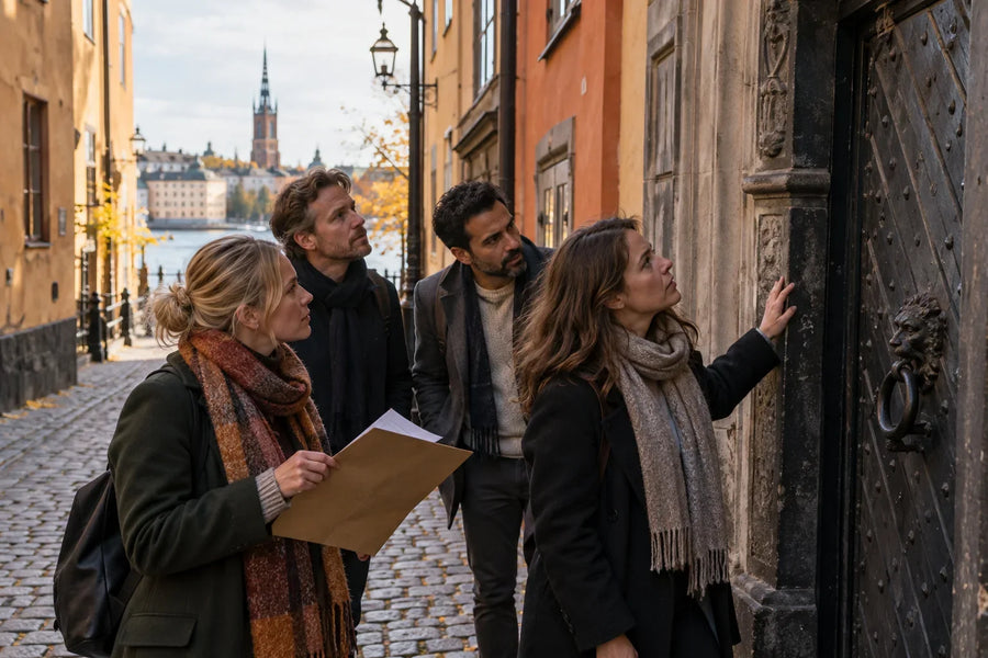Fyra kollegor i höstkläder undersöker en port i Gamla stan under en gemensam aktivitet efter jobbet.