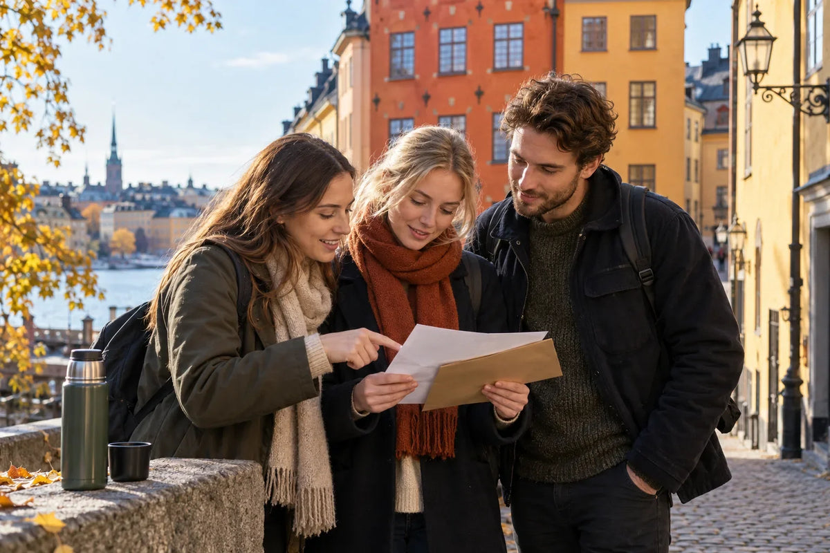 Tre unga vuxna vänner läser en pappersledtråd tillsammans under en enkel höstutflykt i Gamla stan.
