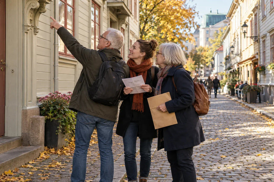 En vuxen dotter och hennes föräldrar undersöker en fasaddetalj under en höstpromenad i Haga.