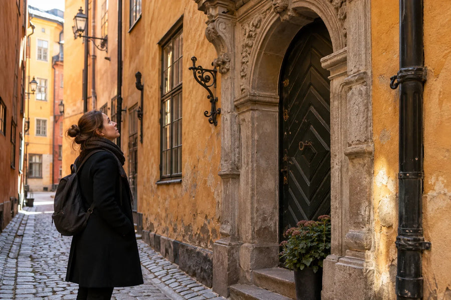 En vuxen besökare betraktar en dekorativ stenport och äldre fasader i en smal gränd i Gamla stan.