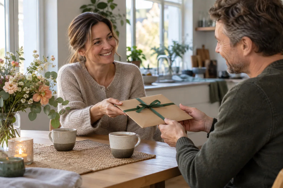 En vuxen kvinna ger sin partner ett tunt kuvert med grönt band vid ett ljust köksbord med kaffekoppar.