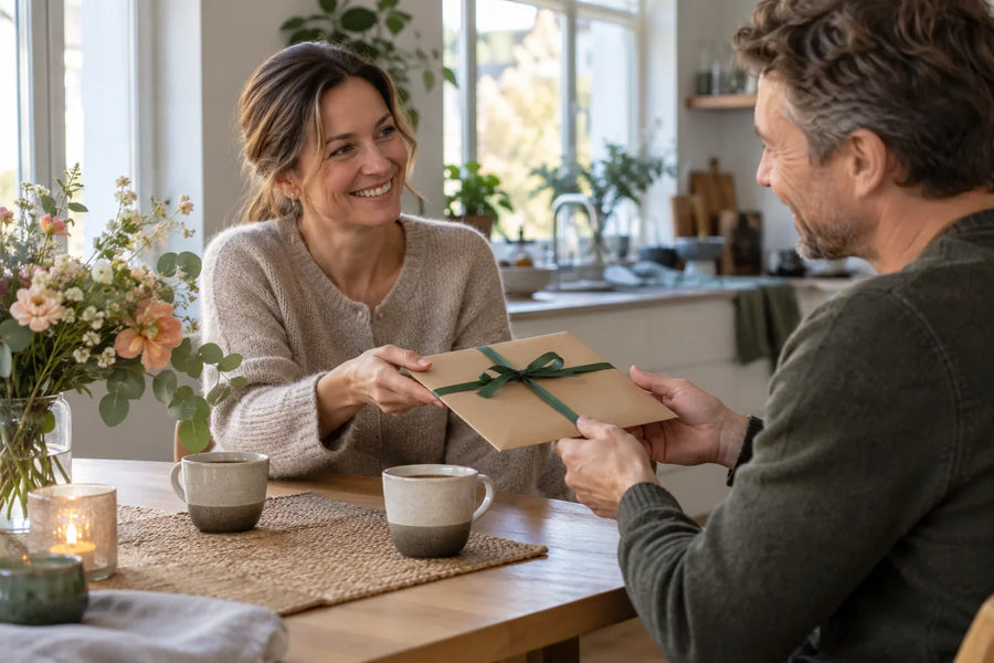 En vuxen kvinna ger sin partner ett tunt kuvert med grönt band vid ett ljust köksbord med kaffekoppar.
