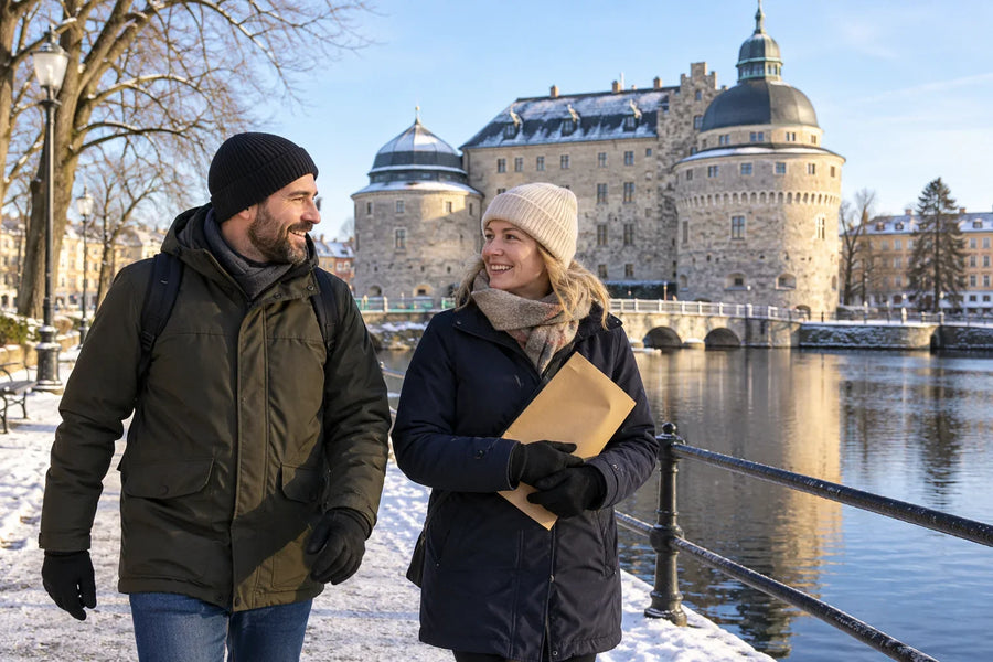 Två vuxna vänner i vinterkläder promenerar vid Svartån med Örebro slott i bakgrunden och ett kuvert i handen.