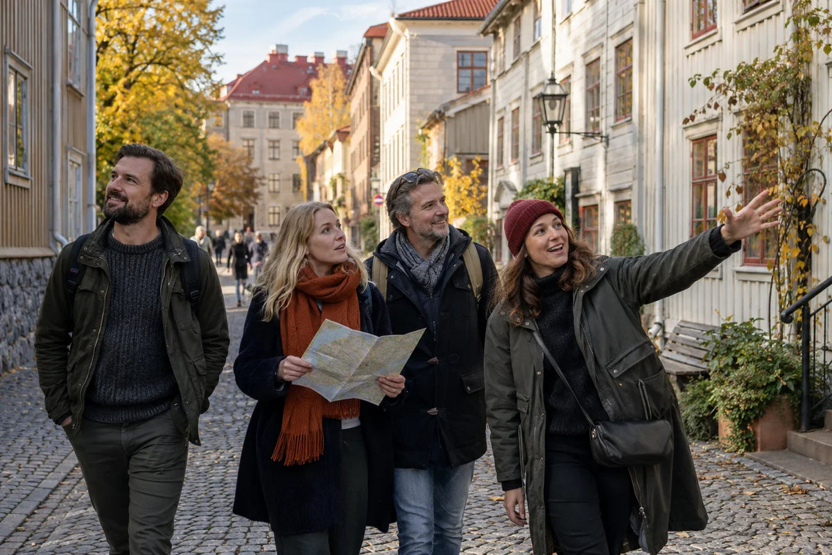 En lokal värd visar Hagas kvarter för tre vuxna gäster under en höstpromenad i Göteborg.
