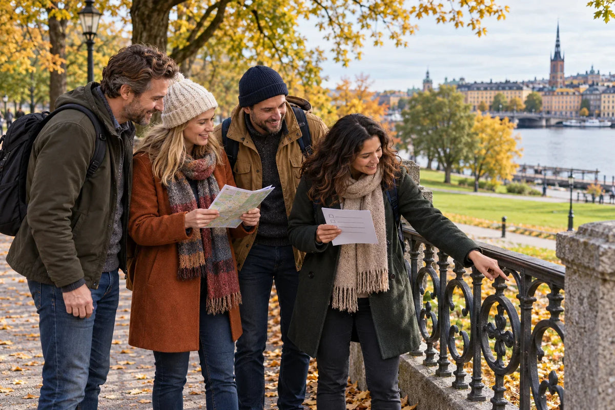 Illustration av fyra vuxna som jämför en uppgiftslista och en karta under en skattjakt i en park.