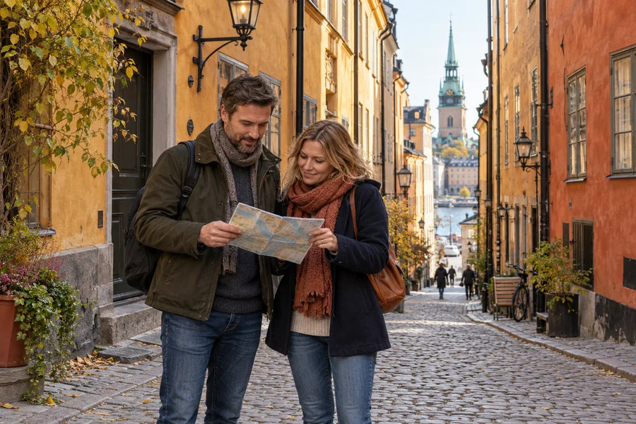 Illustration av två vuxna som orienterar sig med en karta bland färgade fasader i Gamla stan.