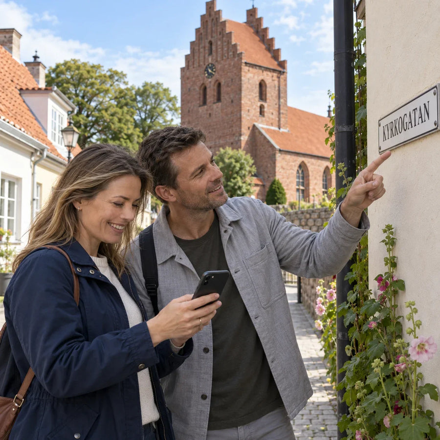 Två personer med en mobil tittar på skylten Kyrkogatan med Mariakyrkans tegeltorn i bakgrunden i Båstad.