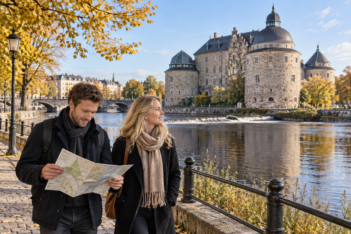Två besökare med karta vid Svartån och Örebro slott