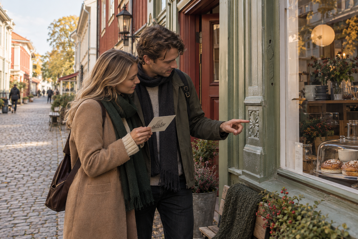 Ett par letar efter en ledtråd utanför ett kafé i Haga