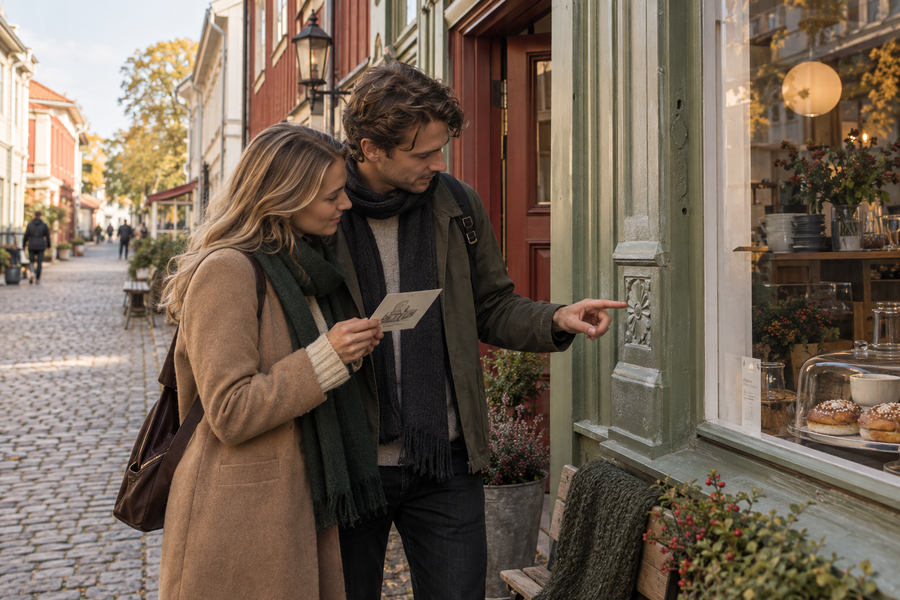 Ett par letar efter en ledtråd utanför ett kafé i Haga