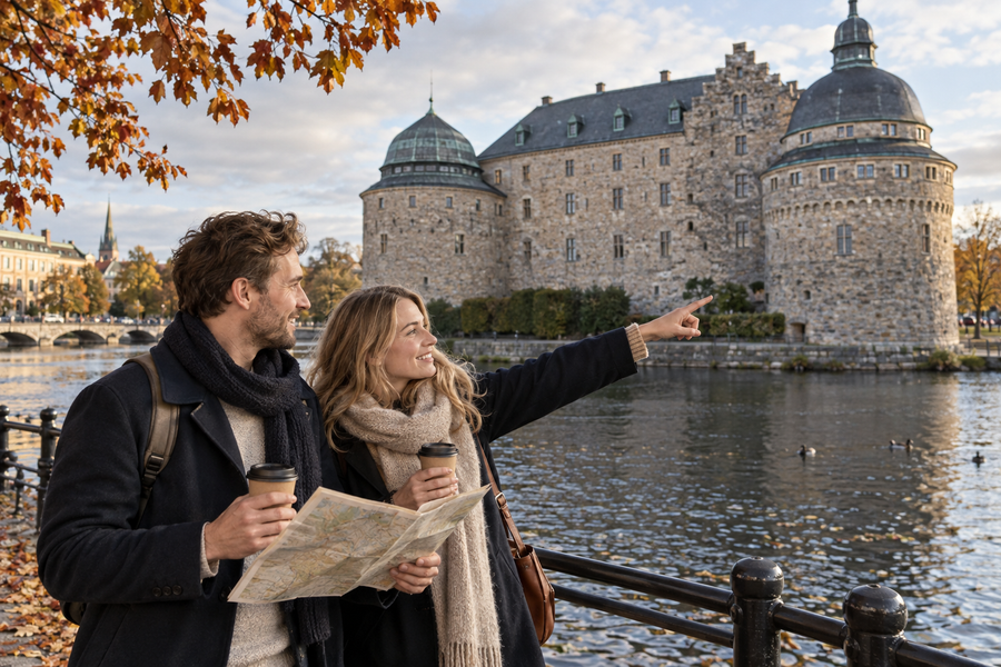 Ett par med karta och kaffe framför Örebro slott