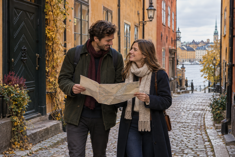 Ett par löser en ledtråd med karta i en gränd i Gamla stan