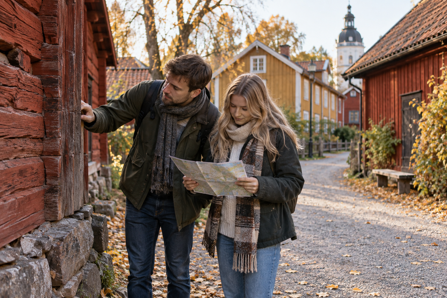 Ett par undersöker ett trähus under en mysteriejakt i Wadköping