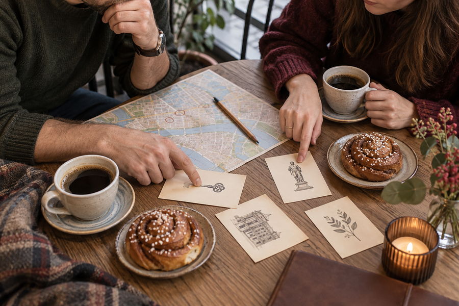 Kaffe, kanelbullar, karta och ledtrådar under en fikapaus