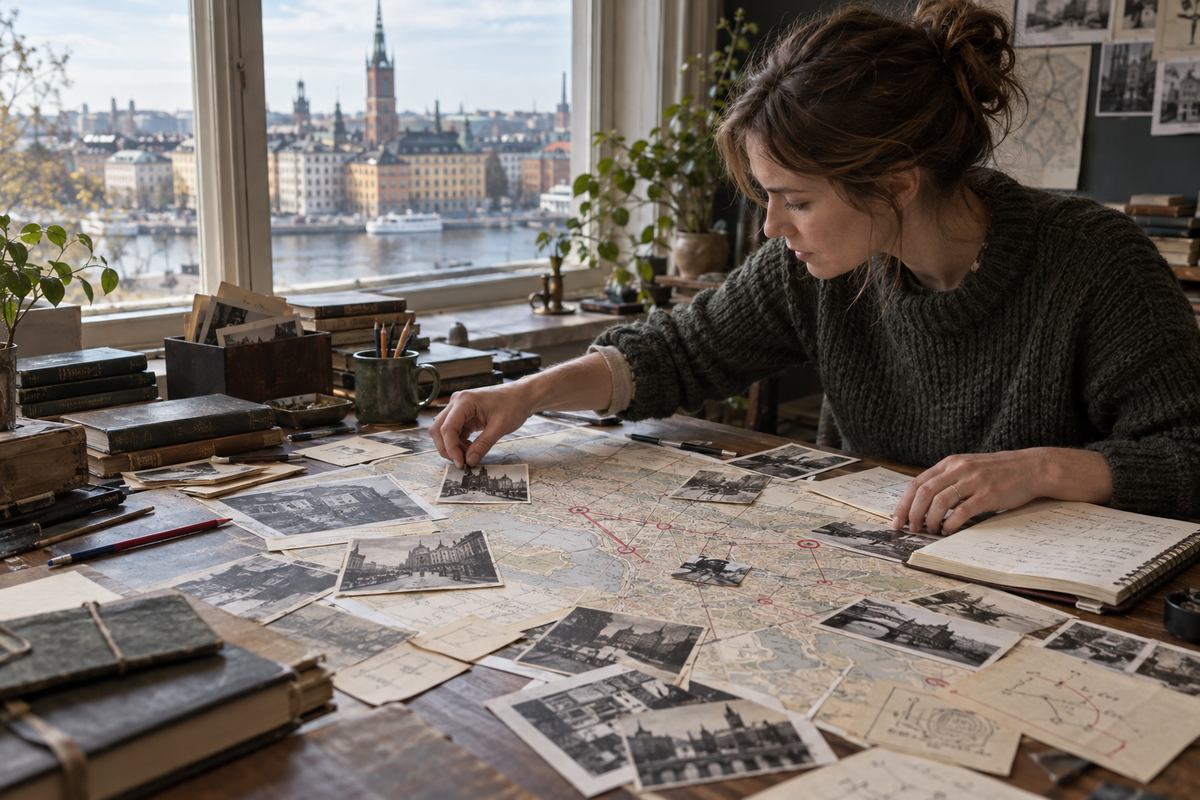 En kreatör arbetar med kartor, arkivbilder och ledtrådar till ett mysterium