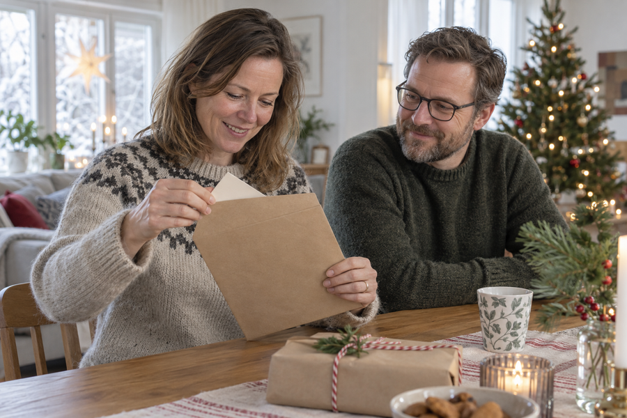 En kvinna öppnar ett kraftkuvert med ett häfte som julklapp vid ett dukat bord