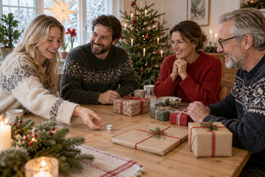 Fyra vuxna spelar julklappsspelet med en tärning och inslagna presenter på bordet