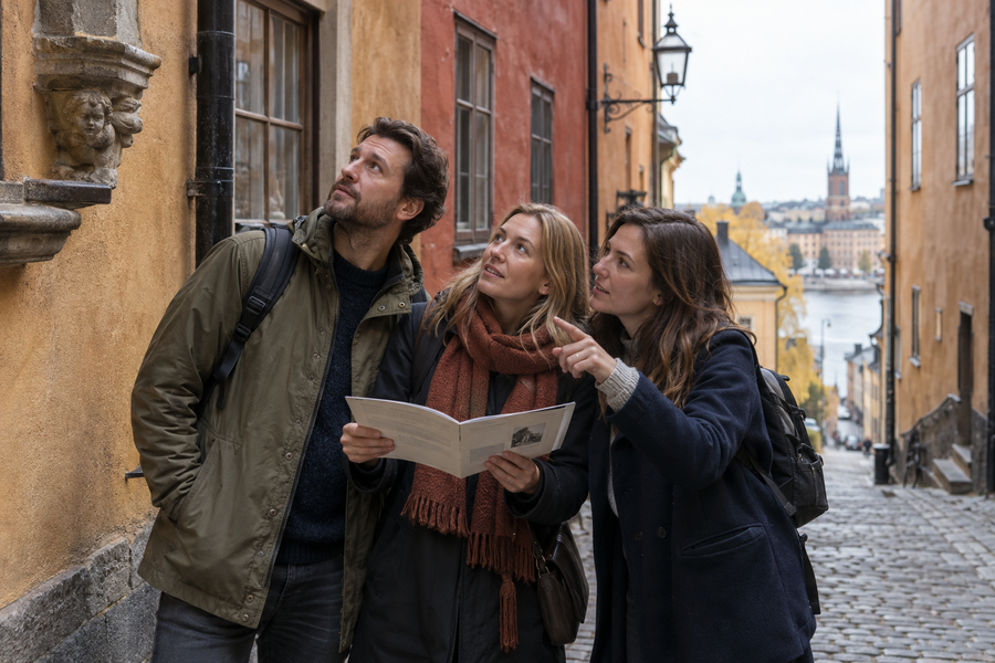 Tre vänner undersöker en fasaddetalj med ett öppet mysterihäfte i Gamla stan