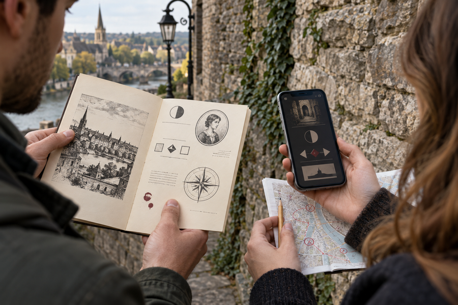 Händer med mysterihäfte, karta och mobil vid en gammal stadsmur