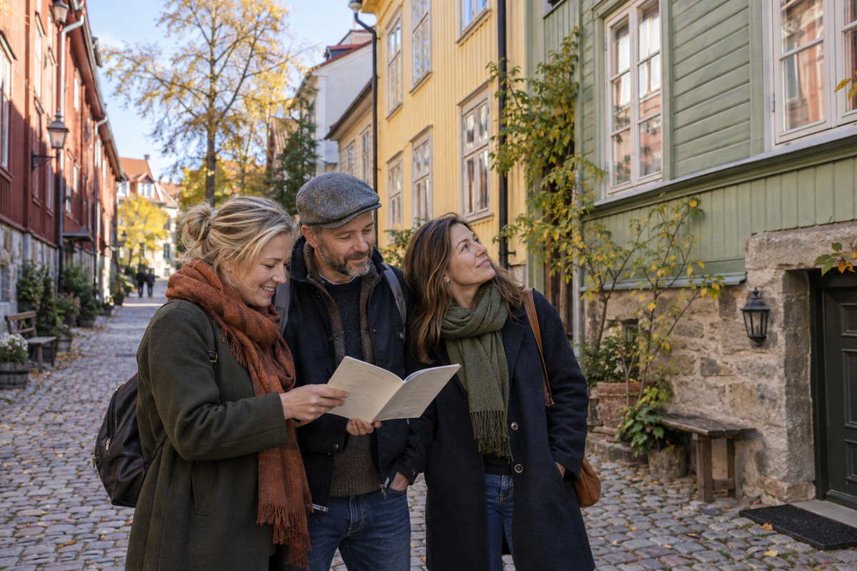 Tre vänner läser ett mysterihäfte bland äldre hus i Haga