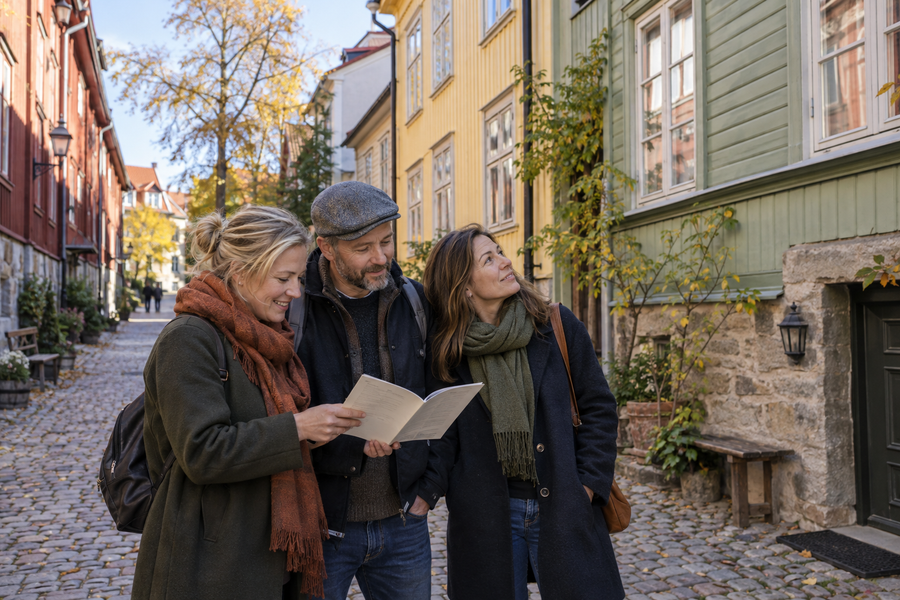 Tre vänner läser ett mysterihäfte bland äldre hus i Haga