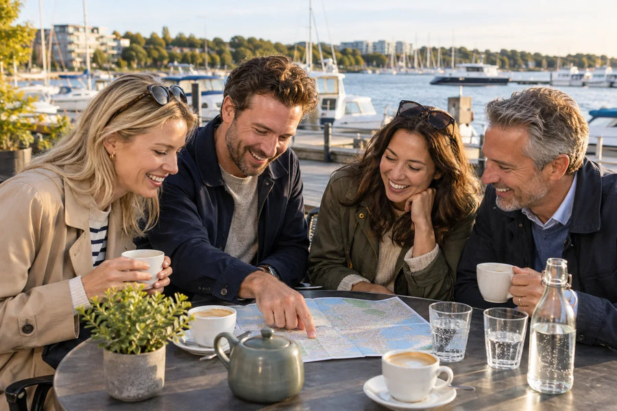 Fyra kollegor samlas kring kaffe, vatten och en karta på en uteservering vid hamnen.