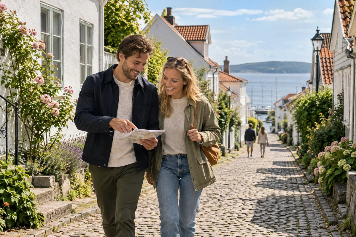 Ett par läser en karta på en kullerstensgata med låga hus och havet i bakgrunden.