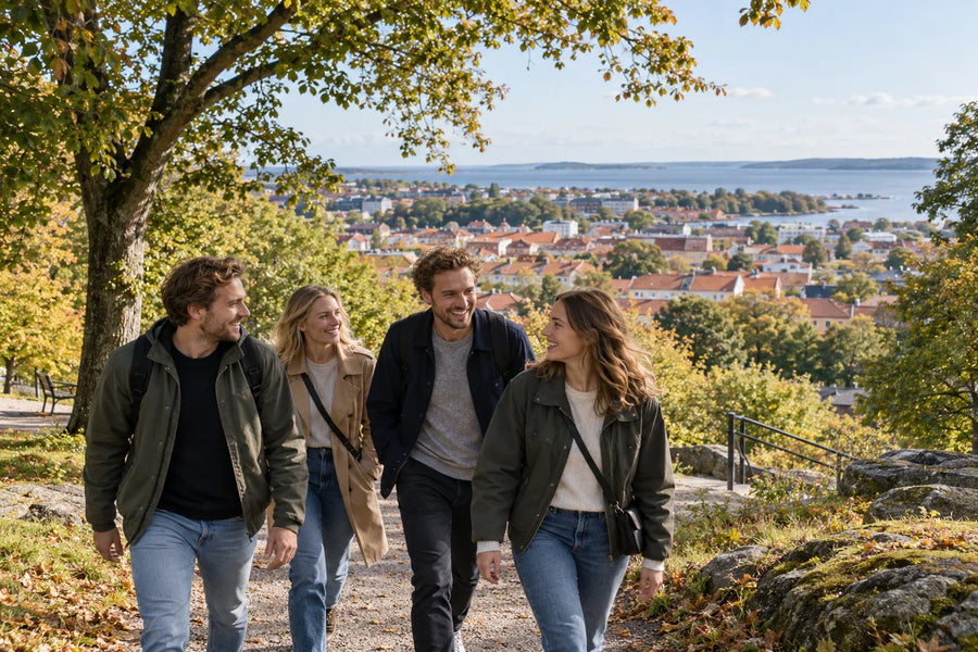 Fyra vänner promenerar på en parkstig ovanför stadens tak med havet i fjärran.