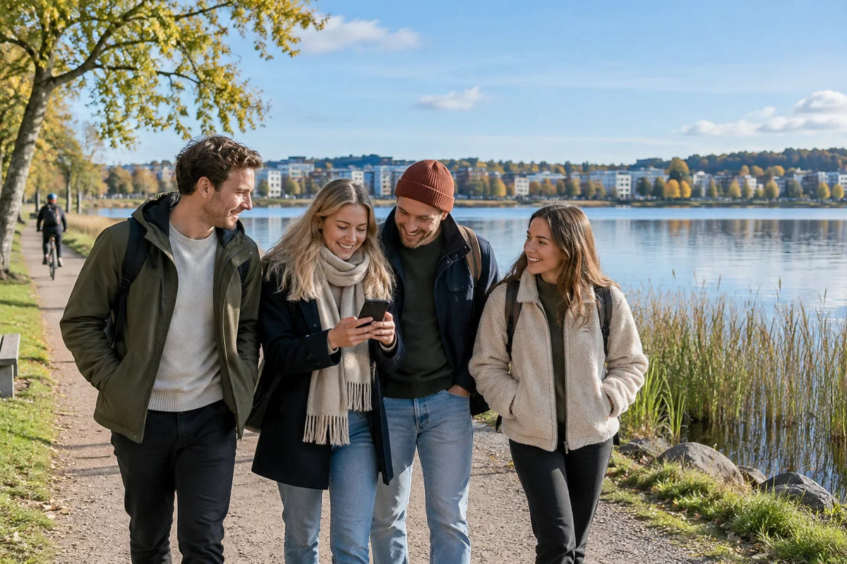 Fyra vänner tittar på en mobil längs ett promenadstråk vid en lugn stadssjö.