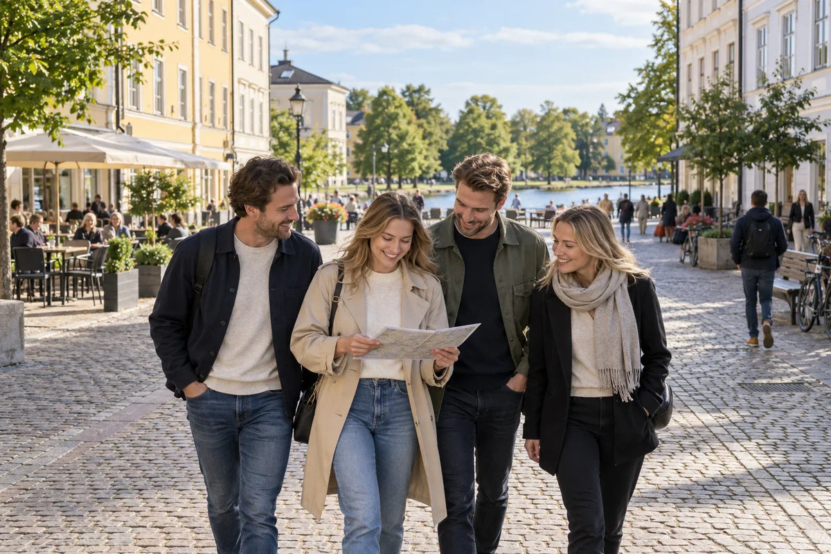 Fyra vänner läser en karta på en kullerstensgata med ljusa fasader och vatten i bakgrunden.