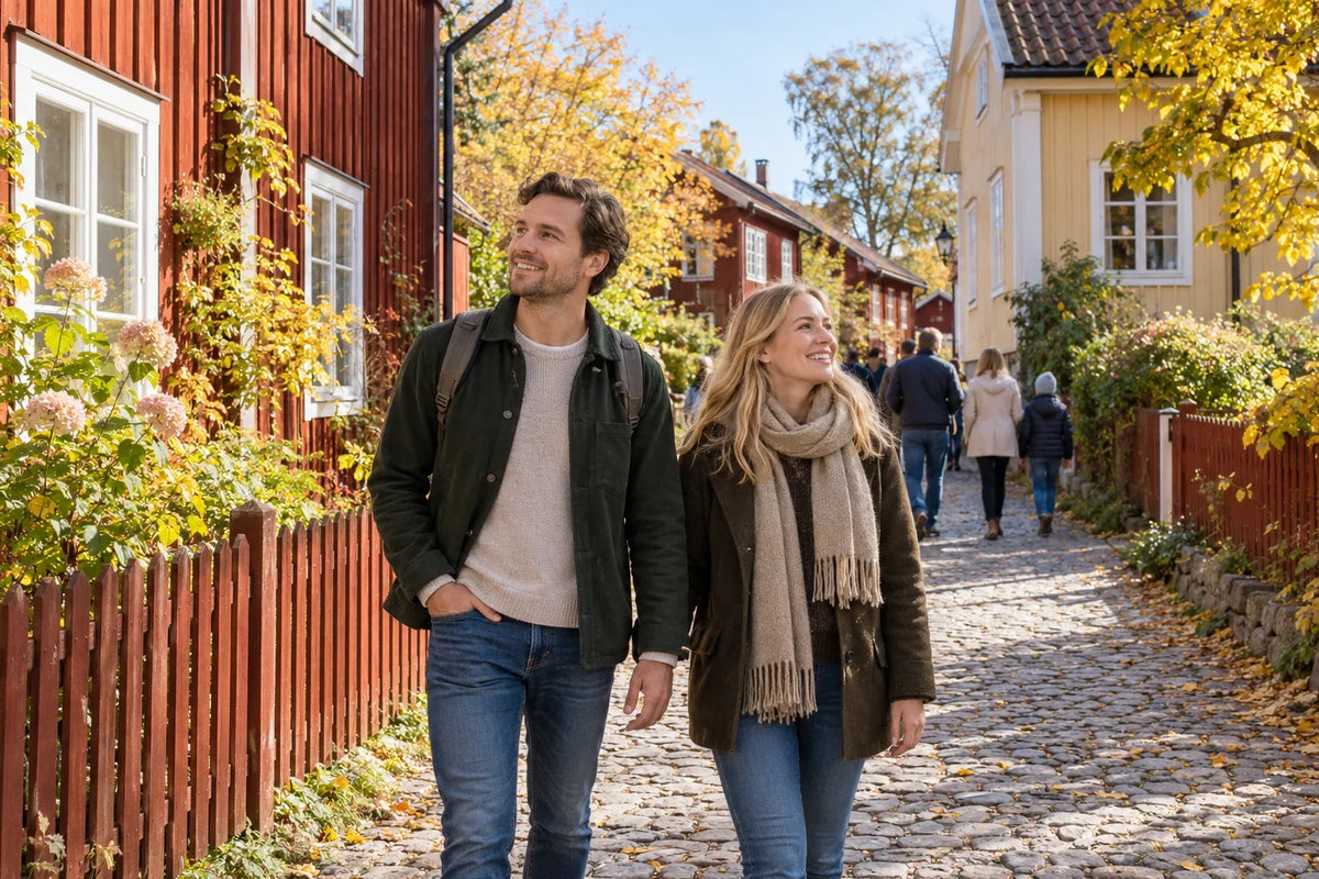 Ett par promenerar i en kullerstensgränd mellan röda och gula trähus med små trädgårdar.