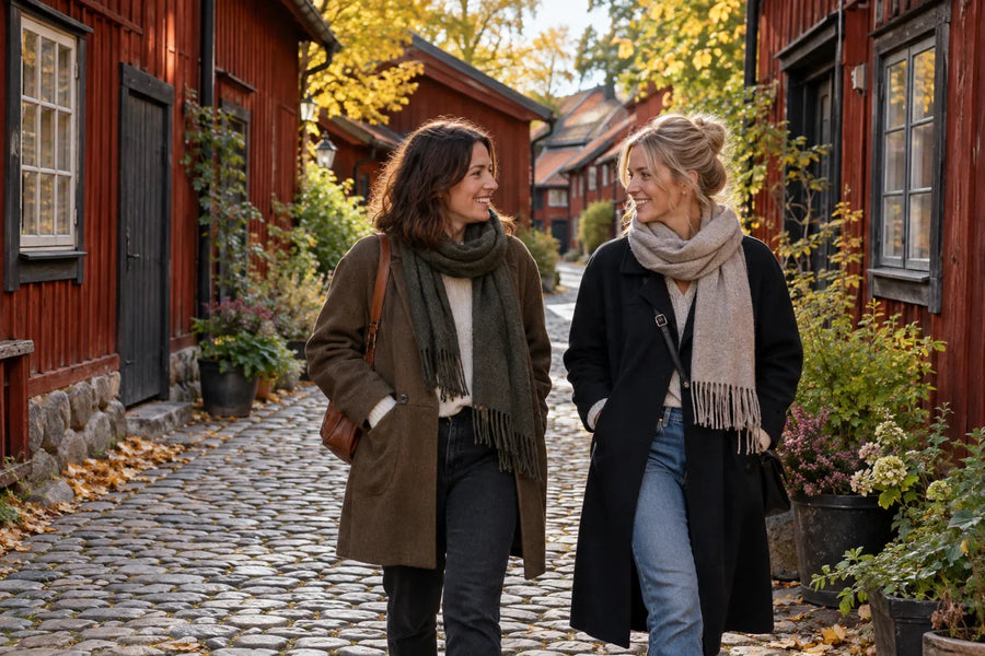 Två kvinnor promenerar tillsammans bland röda trähus i ett äldre hantverkskvarter.