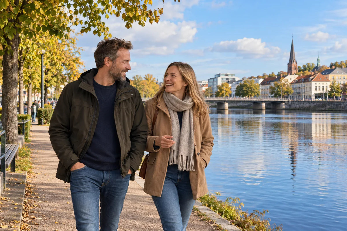 Ett par samtalar under en promenad längs en bred å med stadsbebyggelse och träd på andra sidan.