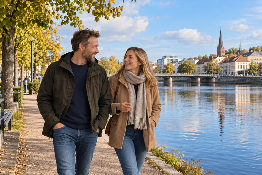 Ett par samtalar under en promenad längs en bred å med stadsbebyggelse och träd på andra sidan.