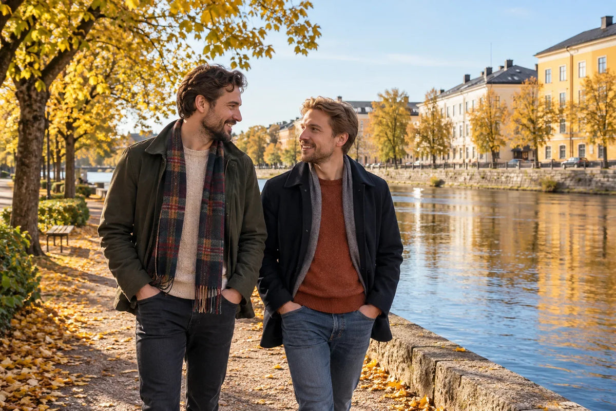 Två män promenerar tillsammans vid en älv med ljusa fasader och träd längs strandkanten.