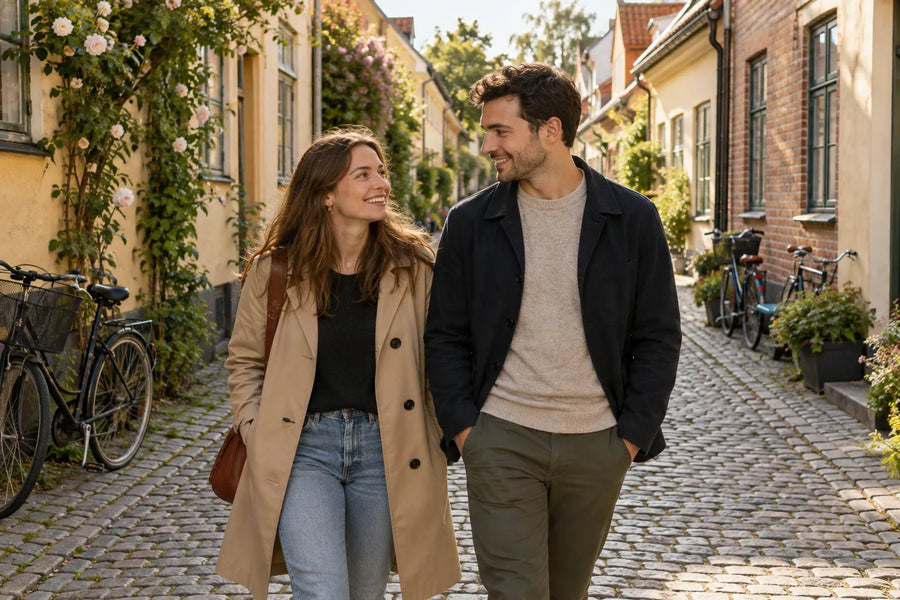 Ett par promenerar i en kullerstensgränd med ljusa hus, cyklar och en klängväxt på fasaden.