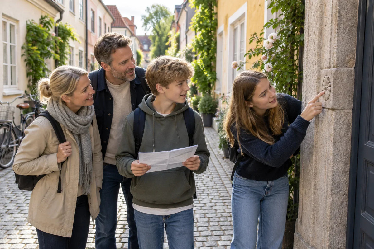 En familj med tonåringar granskar ett papper och tittar på en detalj vid en stenportal.